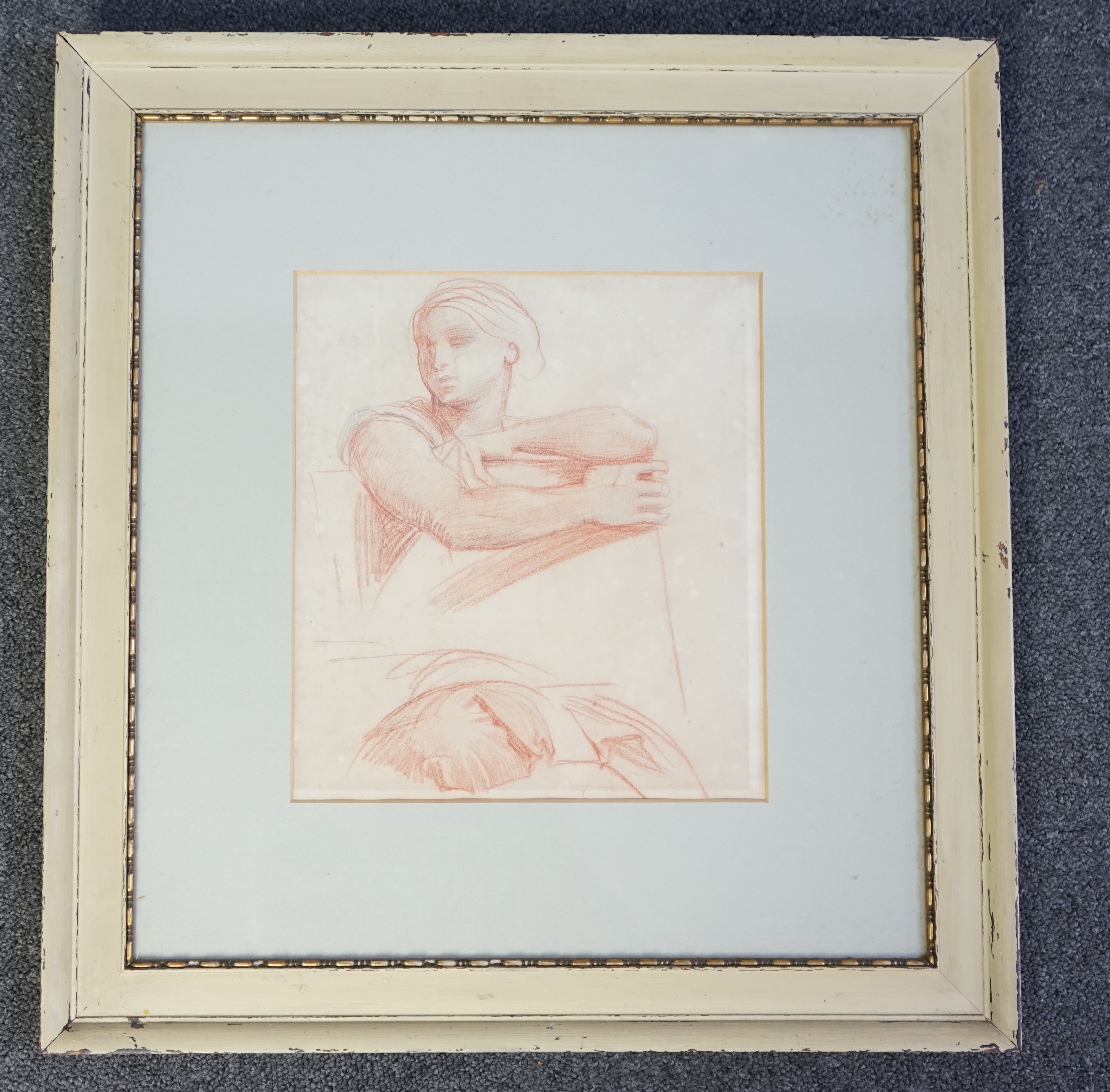 Alfred George Stevens (English, 1817-1875), Life study sketch of a woman holding a folio, sepia chalk on paper, 26 x 23cm